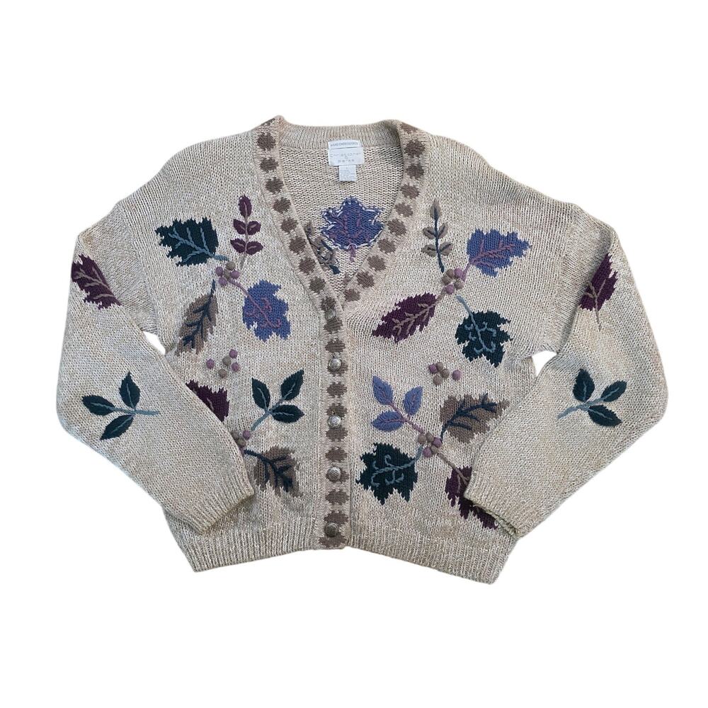 Vtg Christopher & Banks Hand Embroidered Fall Sweater Cardigan Ramie Cotton L